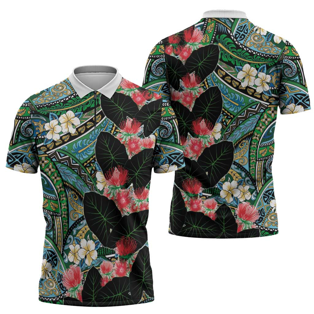 Hawaiian Taro Leaves and Ohia Lehua Zipper Polo Shirt Polynesian Tribal Art Tropical Plants Motifs Colorful LT03 - Polynesian Pride