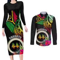 Personalised Vanuatu 44th Anniversary Couples Matching Long Sleeve Bodycon Dress and Long Sleeve Button Shirt Boars Tusk Tugeta Yumi Selebretem Indipendens Dei LT03 Black - Polynesian Pride