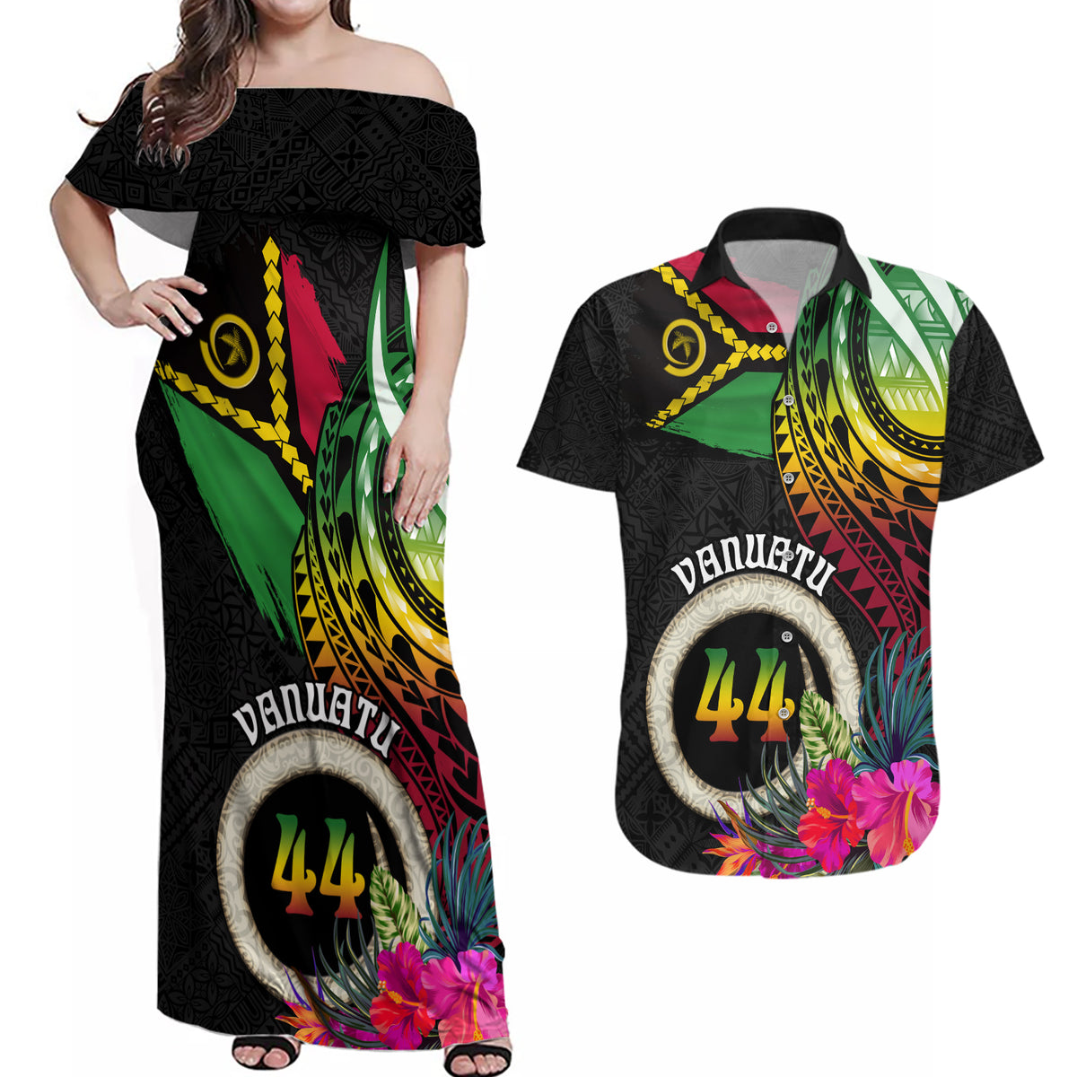 Personalised Vanuatu 44th Anniversary Couples Matching Off Shoulder Maxi Dress and Hawaiian Shirt Boars Tusk Tugeta Yumi Selebretem Indipendens Dei LT03 Black - Polynesian Pride