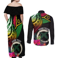 Personalised Vanuatu 44th Anniversary Couples Matching Off Shoulder Maxi Dress and Long Sleeve Button Shirt Boars Tusk Tugeta Yumi Selebretem Indipendens Dei LT03 - Polynesian Pride