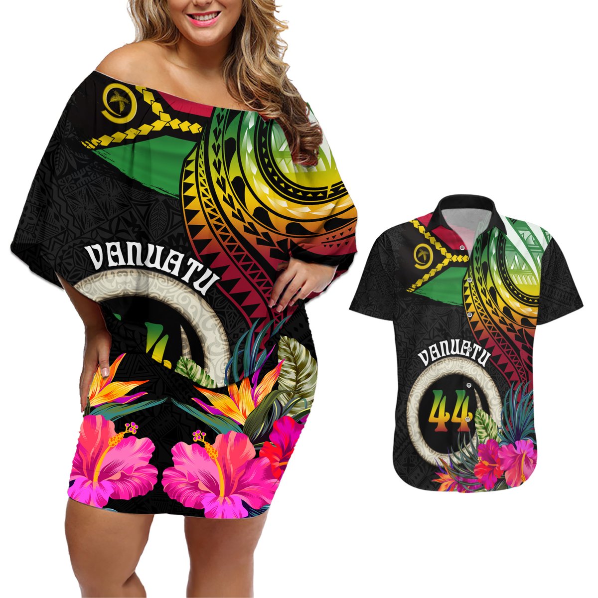 Personalised Vanuatu 44th Anniversary Couples Matching Off Shoulder Short Dress and Hawaiian Shirt Boars Tusk Tugeta Yumi Selebretem Indipendens Dei LT03 Black - Polynesian Pride