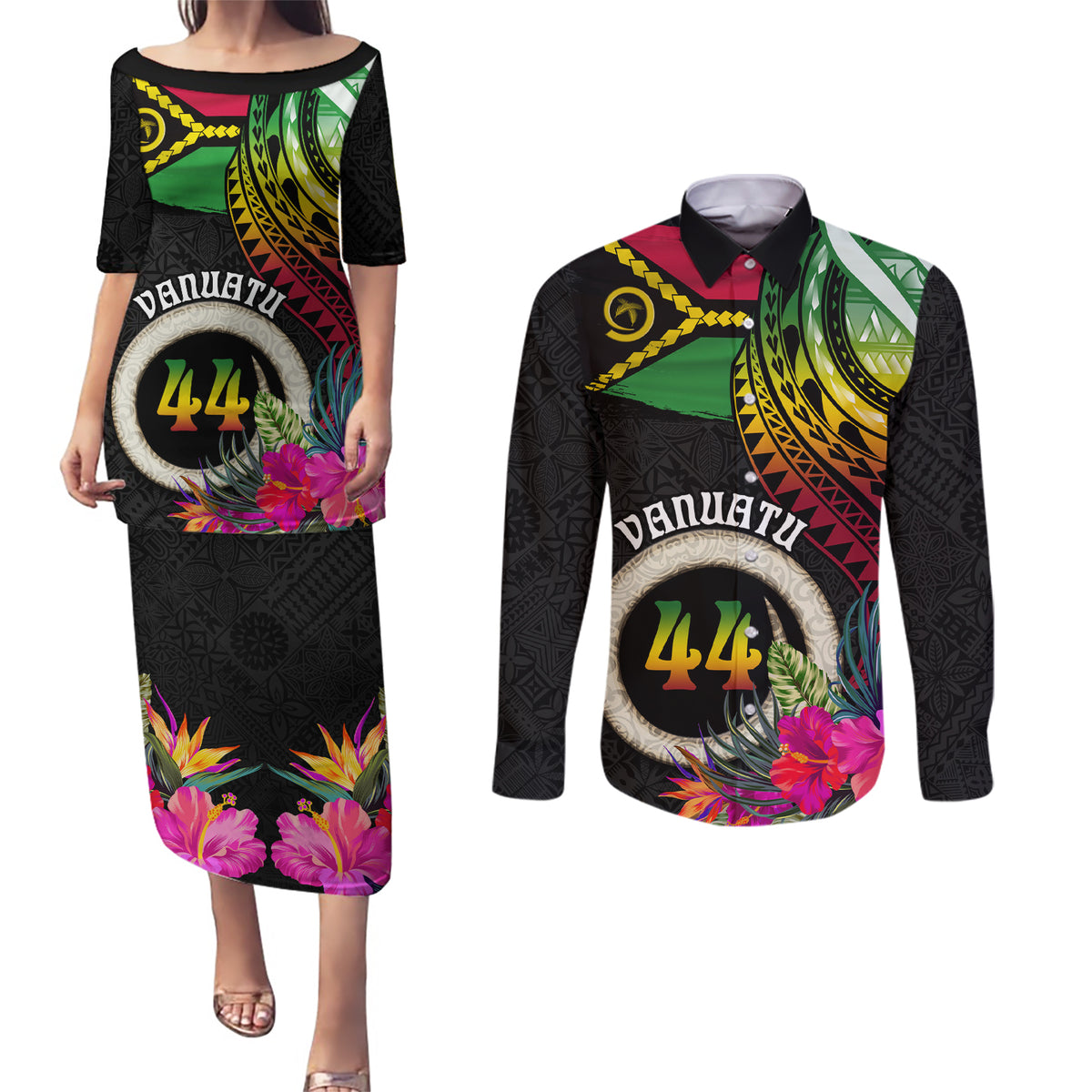 Vanuatu 44th Anniversary Couples Matching Puletasi and Long Sleeve Button Shirt Boars Tusk Tugeta Yumi Selebretem Indipendens Dei