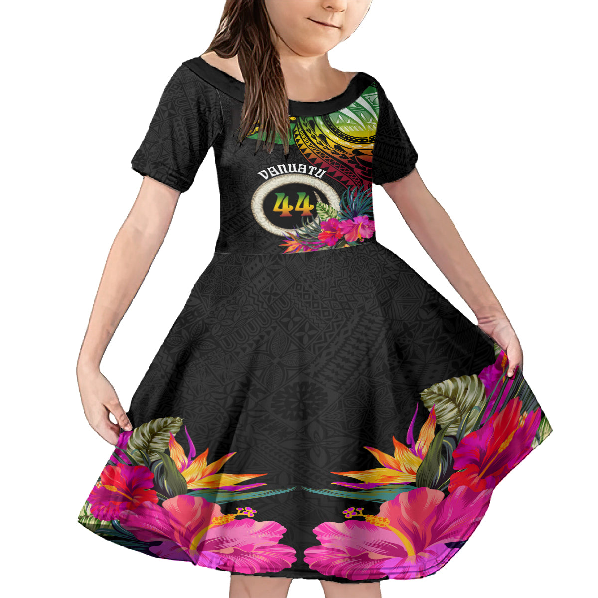 Personalised Vanuatu 44th Anniversary Family Matching Mermaid Dress and Hawaiian Shirt Boars Tusk Tugeta Yumi Selebretem Indipendens Dei LT03 Daughter's Dress Black - Polynesian Pride