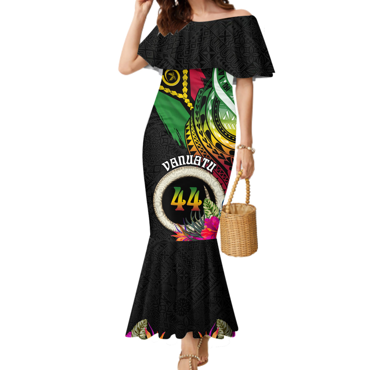 Personalised Vanuatu 44th Anniversary Family Matching Mermaid Dress and Hawaiian Shirt Boars Tusk Tugeta Yumi Selebretem Indipendens Dei LT03 Mom's Dress Black - Polynesian Pride