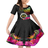Personalised Vanuatu 44th Anniversary Family Matching Off Shoulder Short Dress and Hawaiian Shirt Boars Tusk Tugeta Yumi Selebretem Indipendens Dei LT03 Daughter's Dress Black - Polynesian Pride