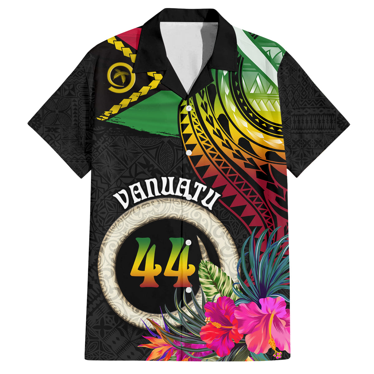 Personalised Vanuatu 44th Anniversary Family Matching Off Shoulder Short Dress and Hawaiian Shirt Boars Tusk Tugeta Yumi Selebretem Indipendens Dei LT03 Dad's Shirt - Short Sleeve Black - Polynesian Pride