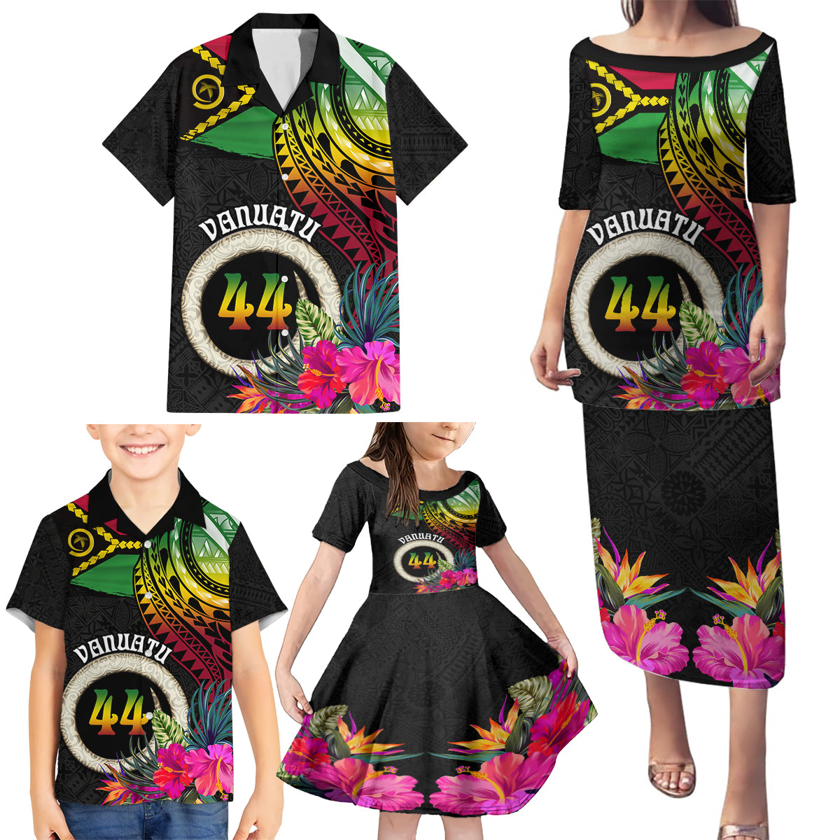 Personalised Vanuatu 44th Anniversary Family Matching Puletasi and Hawaiian Shirt Boars Tusk Tugeta Yumi Selebretem Indipendens Dei LT03 - Polynesian Pride