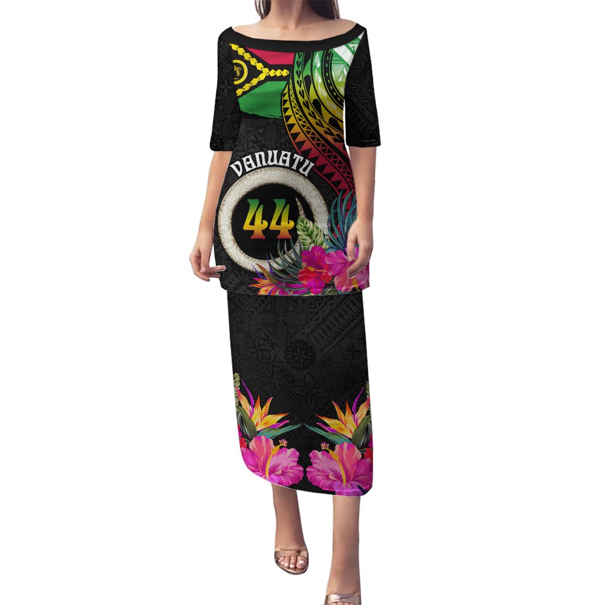 Personalised Vanuatu 44th Anniversary Family Matching Puletasi and Hawaiian Shirt Boars Tusk Tugeta Yumi Selebretem Indipendens Dei LT03 Mom's Dress Black - Polynesian Pride