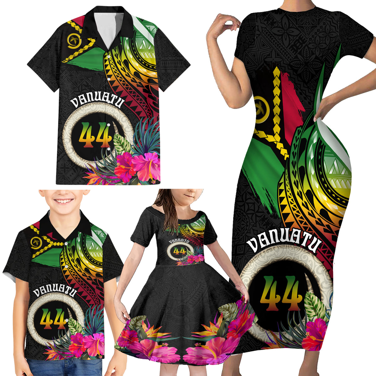 Personalised Vanuatu 44th Anniversary Family Matching Short Sleeve Bodycon Dress and Hawaiian Shirt Boars Tusk Tugeta Yumi Selebretem Indipendens Dei LT03 - Polynesian Pride