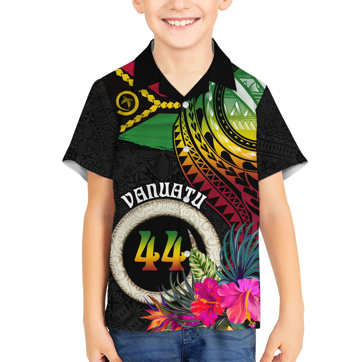 Personalised Vanuatu 44th Anniversary Family Matching Short Sleeve Bodycon Dress and Hawaiian Shirt Boars Tusk Tugeta Yumi Selebretem Indipendens Dei LT03 Son's Shirt Black - Polynesian Pride