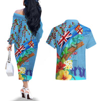 Fiji Day Couples Matching Off The Shoulder Long Sleeve Dress and Hawaiian Shirt Tagimoucia Flower and Melanesia Pattern