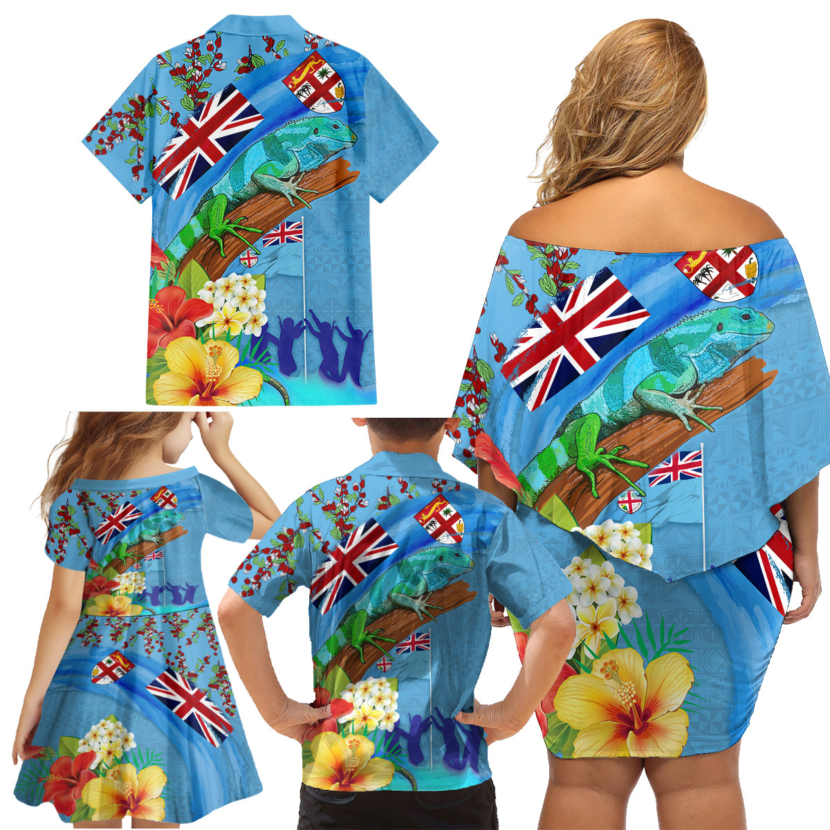 Fiji Day Family Matching Off Shoulder Short Dress and Hawaiian Shirt Tagimoucia Flower and Melanesia Pattern LT03 - Polynesian Pride
