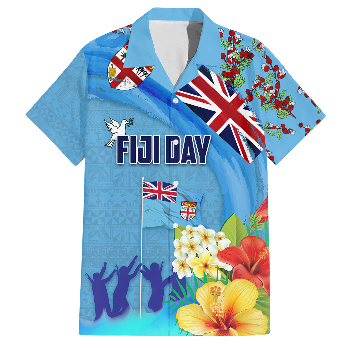 Fiji Day Family Matching Off Shoulder Short Dress and Hawaiian Shirt Tagimoucia Flower and Melanesia Pattern LT03 Dad's Shirt - Short Sleeve Blue - Polynesian Pride