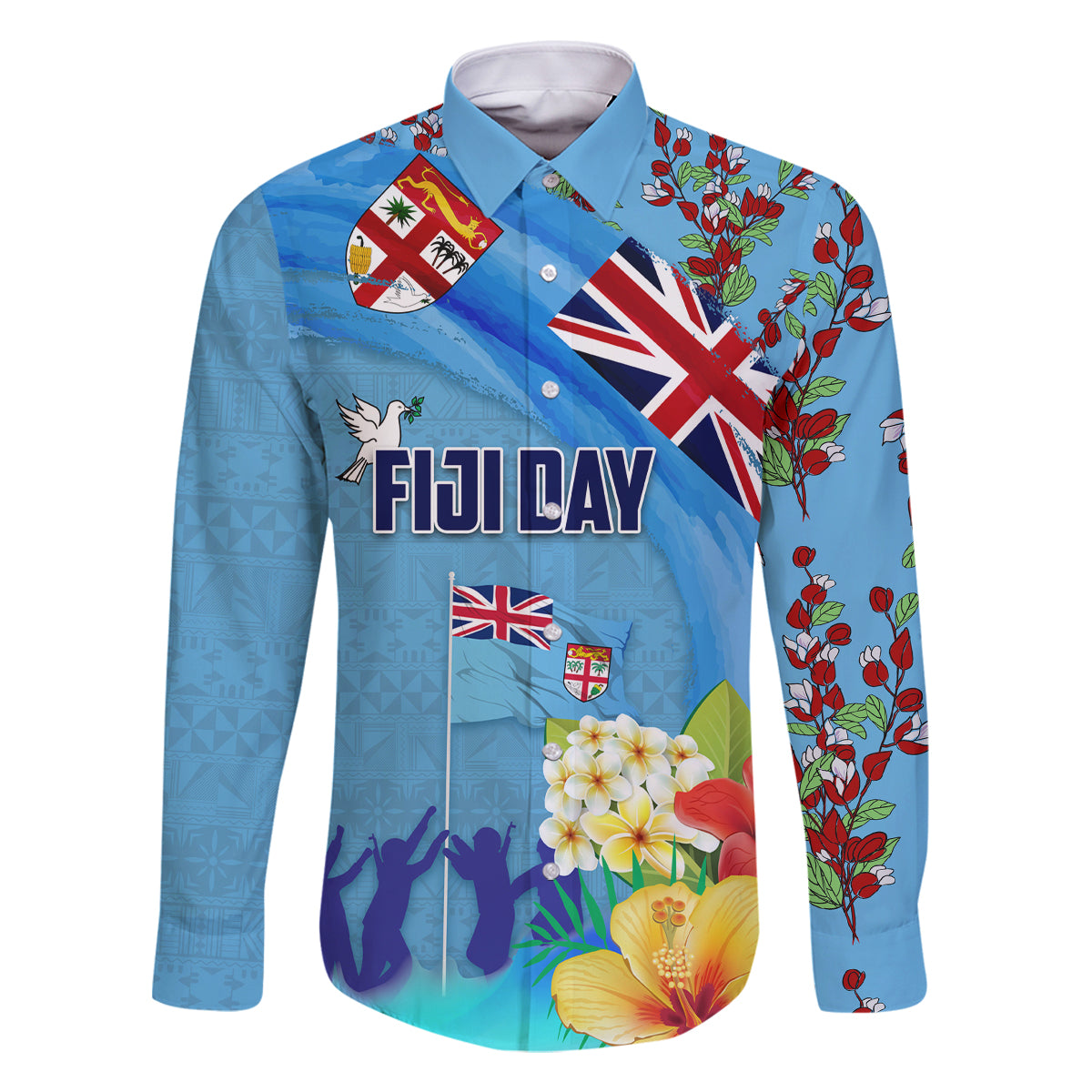 Fiji Day Family Matching Off Shoulder Short Dress and Hawaiian Shirt Tagimoucia Flower and Melanesia Pattern LT03 Dad's Shirt - Long Sleeve Blue - Polynesian Pride