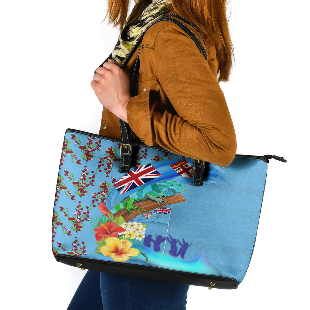 Fiji Day Leather Tote Bag Tagimoucia Flower and Melanesia Pattern