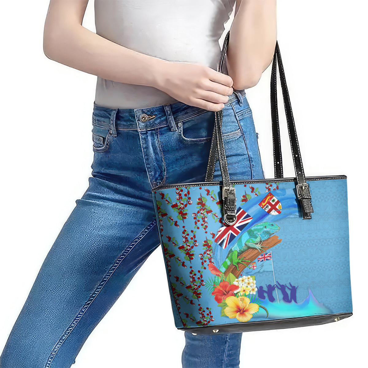 Fiji Day Leather Tote Bag Tagimoucia Flower and Melanesia Pattern