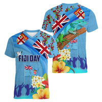 Fiji Day Women V-Neck T-Shirt Tagimoucia Flower and Melanesia Pattern