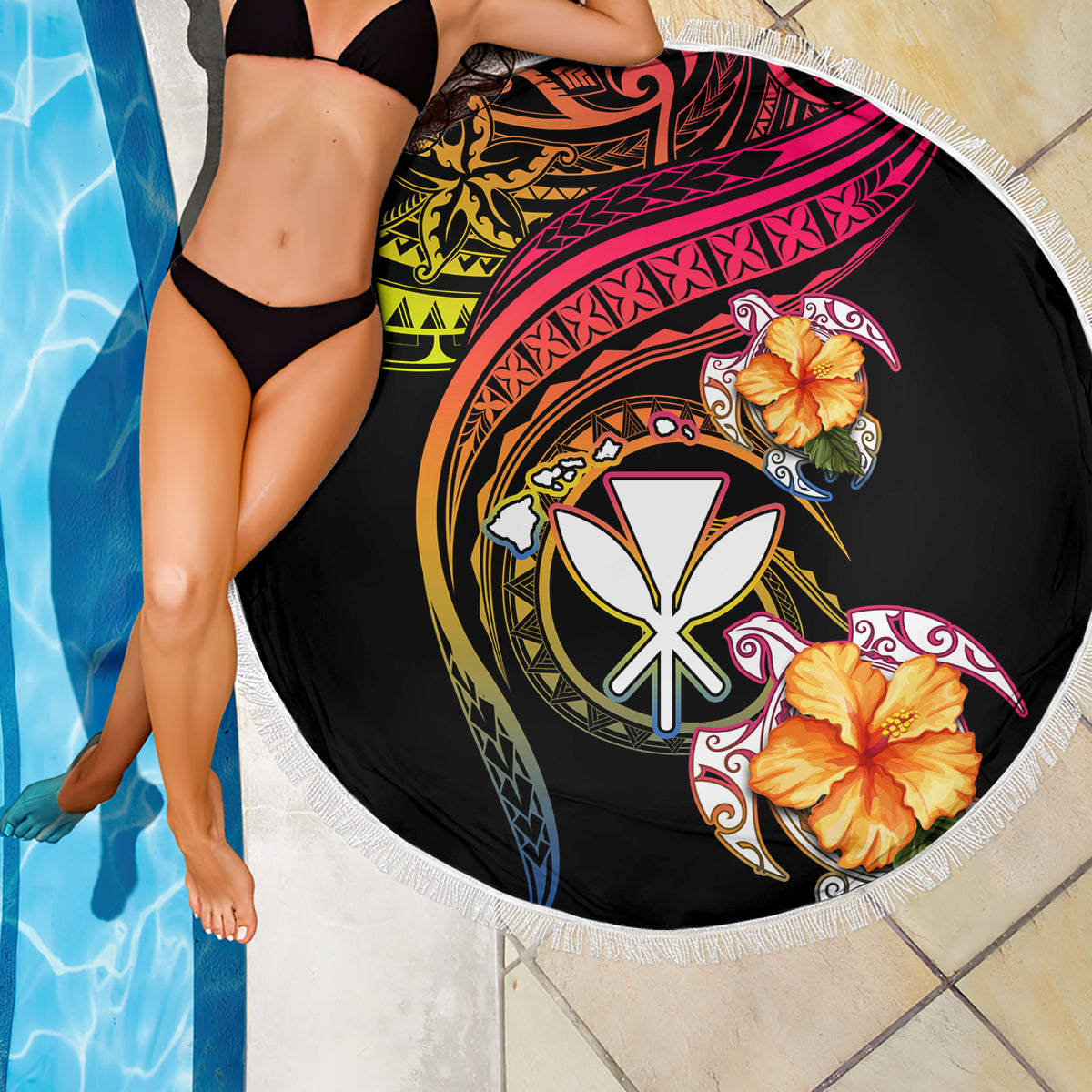 Polynesia Hawaii Turtle Day Beach Blanket Hibiscus and Kanaka Maoli