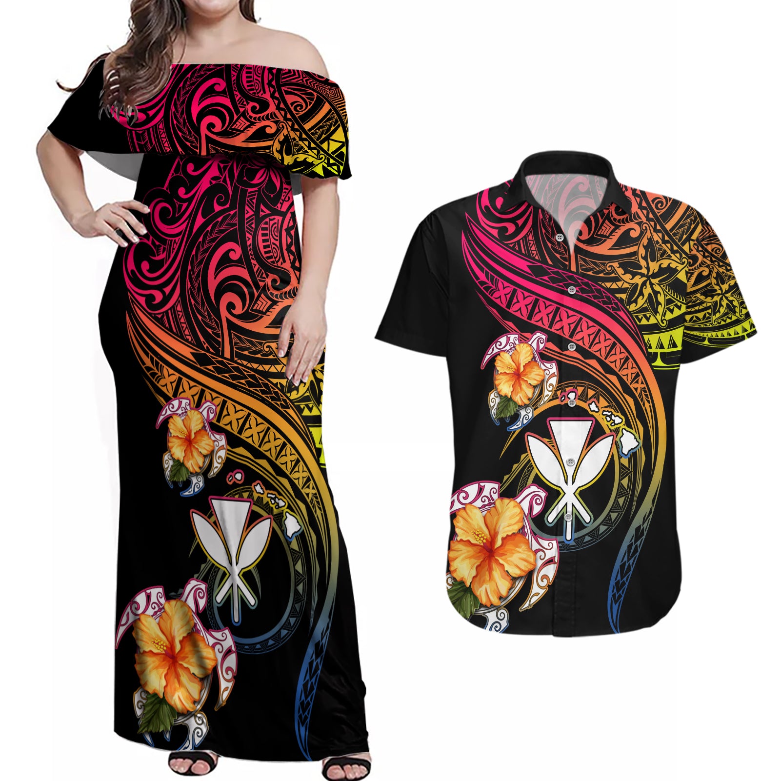 Polynesia Hawaii Turtle Day Couples Matching Off Shoulder Maxi Dress and Hawaiian Shirt Hibiscus and Kanaka Maoli