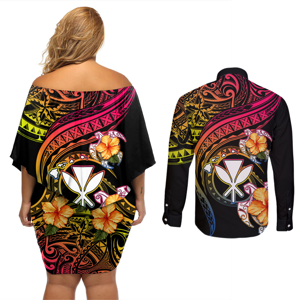 Polynesia Hawaii Turtle Day Couples Matching Off Shoulder Short Dress and Long Sleeve Button Shirt Hibiscus and Kanaka Maoli