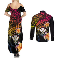 Polynesia Hawaii Turtle Day Couples Matching Summer Maxi Dress and Long Sleeve Button Shirt Hibiscus and Kanaka Maoli