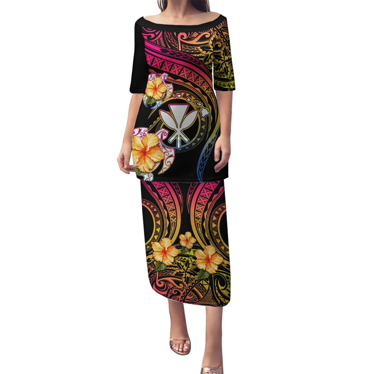 Polynesia Hawaii Turtle Day Family Matching Puletasi and Hawaiian Shirt Hibiscus and Kanaka Maoli