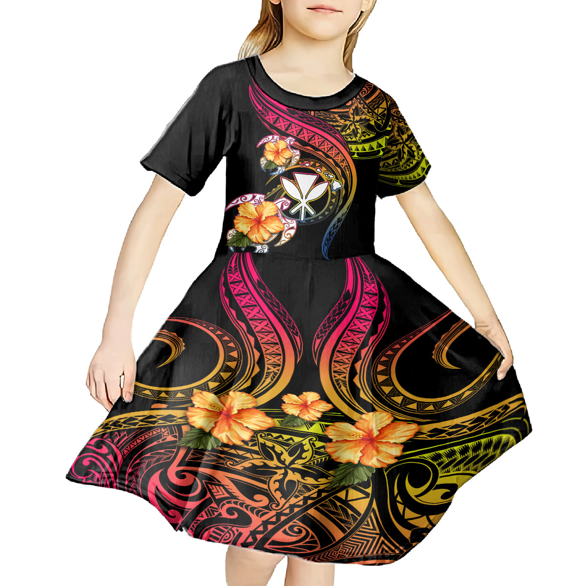 Polynesia Hawaii Turtle Day Kid Short Sleeve Dress Hibiscus and Kanaka Maoli