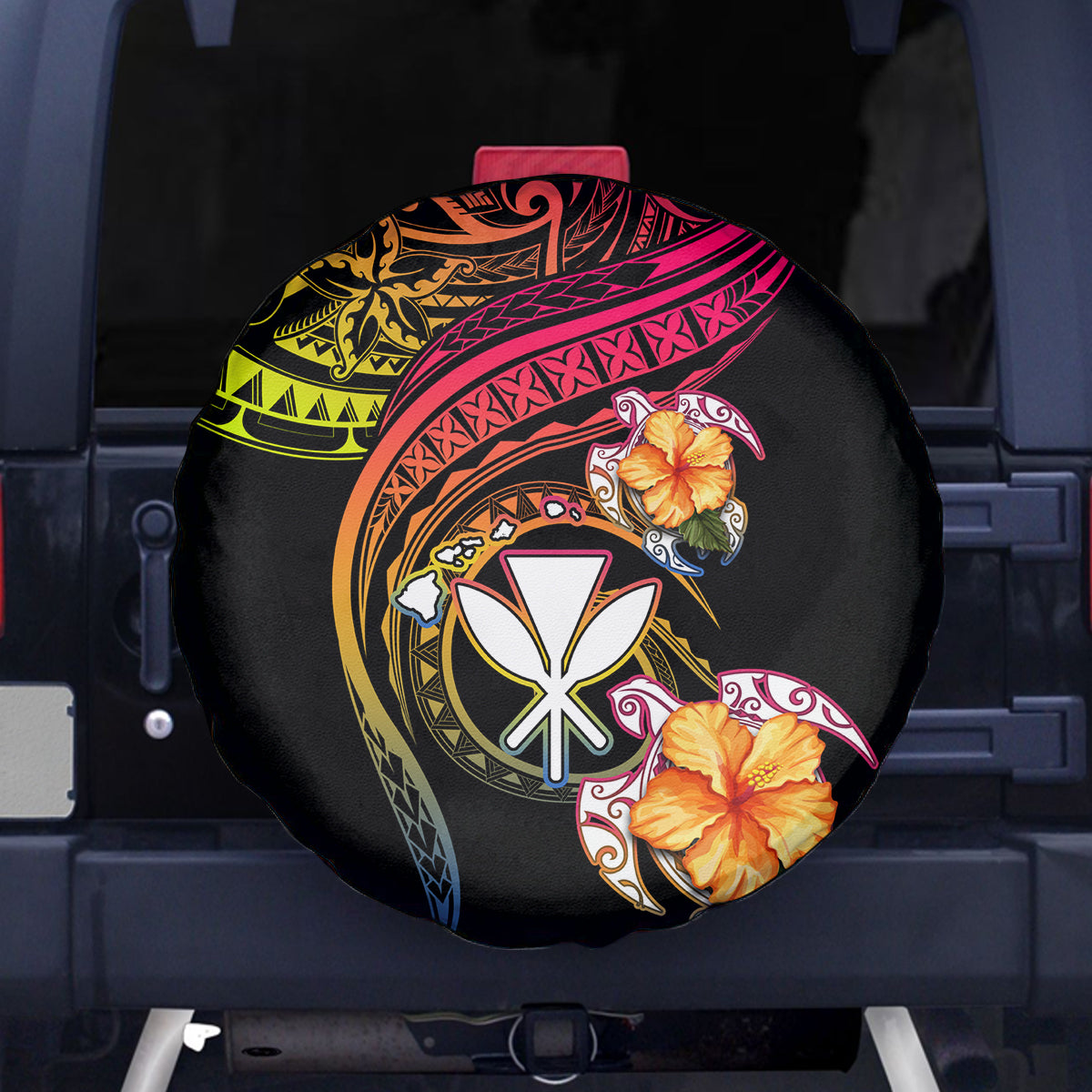 Polynesia Hawaii Turtle Day Spare Tire Cover Hibiscus and Kanaka Maoli