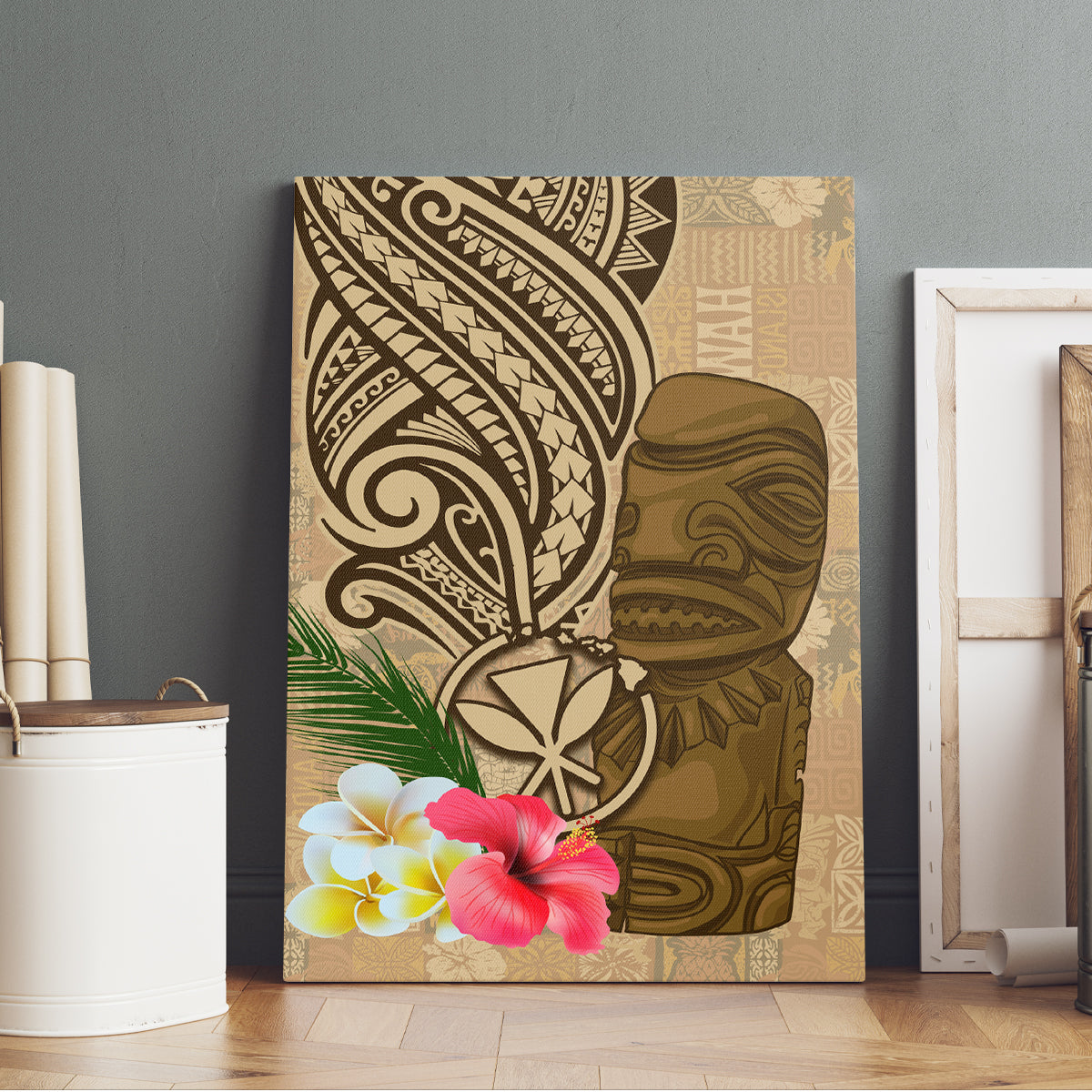 Hawaii Kanaloa Tiki Canvas Wall Art Polynesian Tattoo and Tapa Pattern