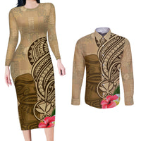 Hawaii Kanaloa Tiki Couples Matching Long Sleeve Bodycon Dress and Long Sleeve Button Shirt Polynesian Tattoo and Tapa Pattern