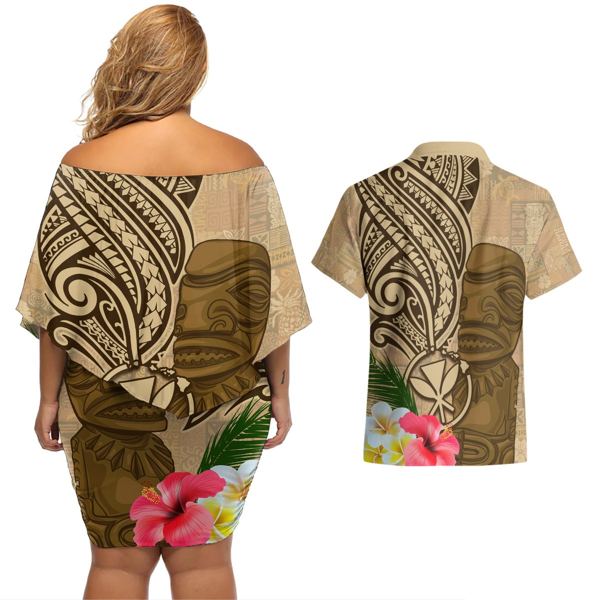 Hawaii Kanaloa Tiki Couples Matching Off Shoulder Short Dress and Hawaiian Shirt Polynesian Tattoo and Tapa Pattern