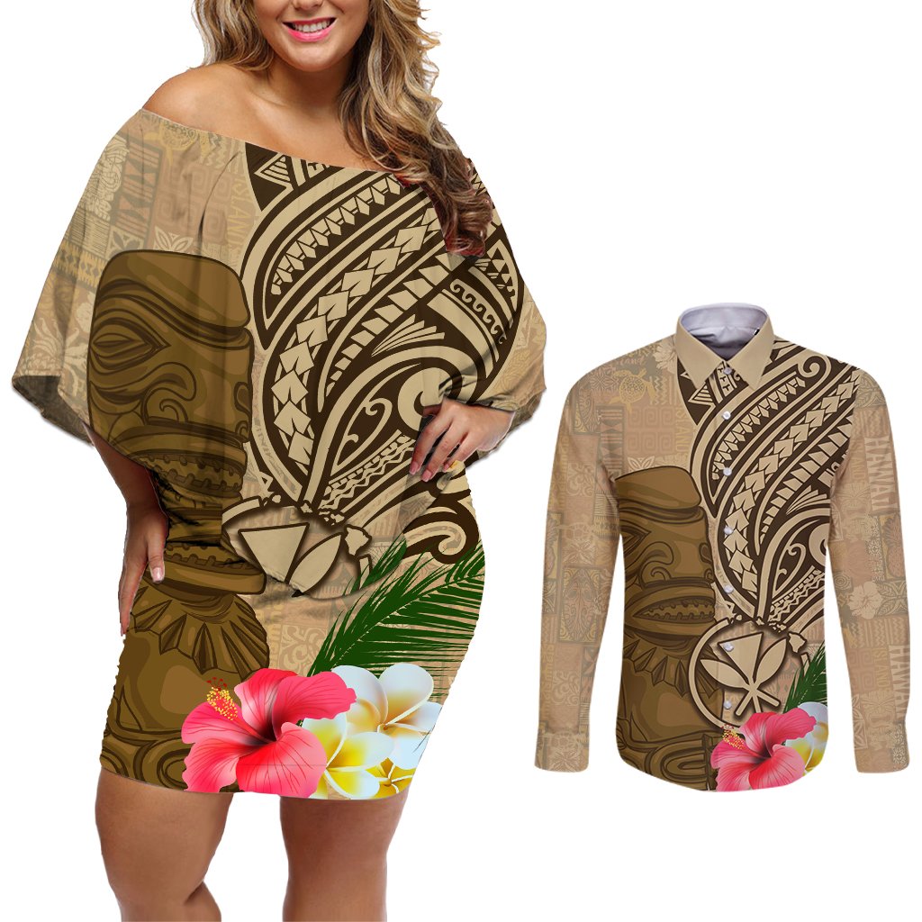 Hawaii Kanaloa Tiki Couples Matching Off Shoulder Short Dress and Long Sleeve Button Shirt Polynesian Tattoo and Tapa Pattern