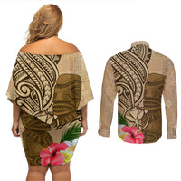 Hawaii Kanaloa Tiki Couples Matching Off Shoulder Short Dress and Long Sleeve Button Shirt Polynesian Tattoo and Tapa Pattern