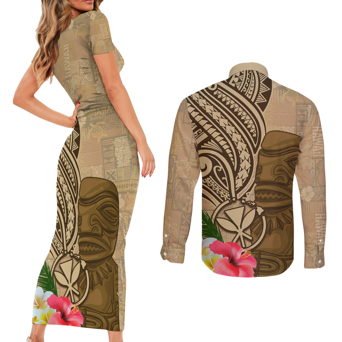 Hawaii Kanaloa Tiki Couples Matching Short Sleeve Bodycon Dress and Long Sleeve Button Shirt Polynesian Tattoo and Tapa Pattern