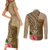 Hawaii Kanaloa Tiki Couples Matching Short Sleeve Bodycon Dress and Long Sleeve Button Shirt Polynesian Tattoo and Tapa Pattern