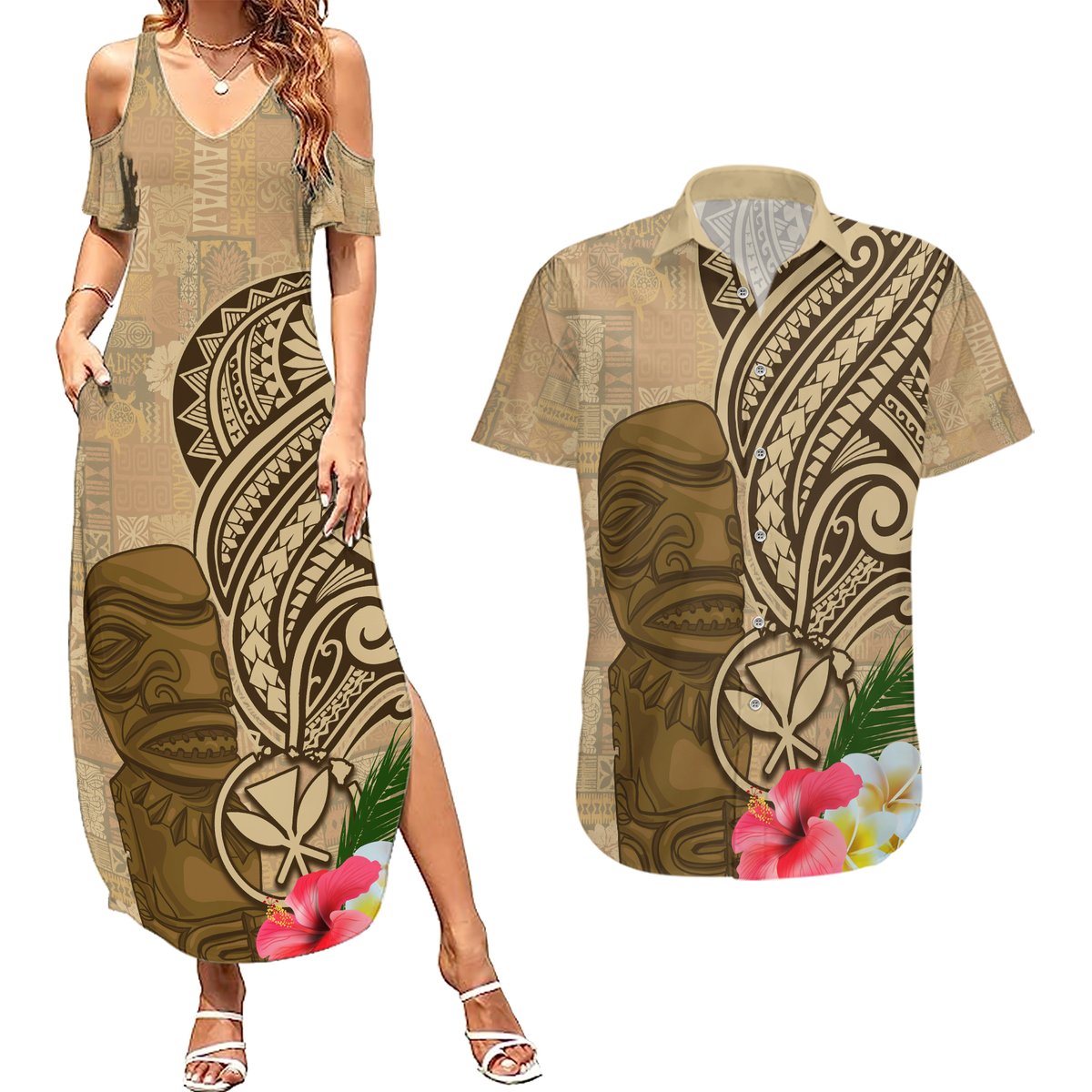 Hawaii Kanaloa Tiki Couples Matching Summer Maxi Dress and Hawaiian Shirt Polynesian Tattoo and Tapa Pattern