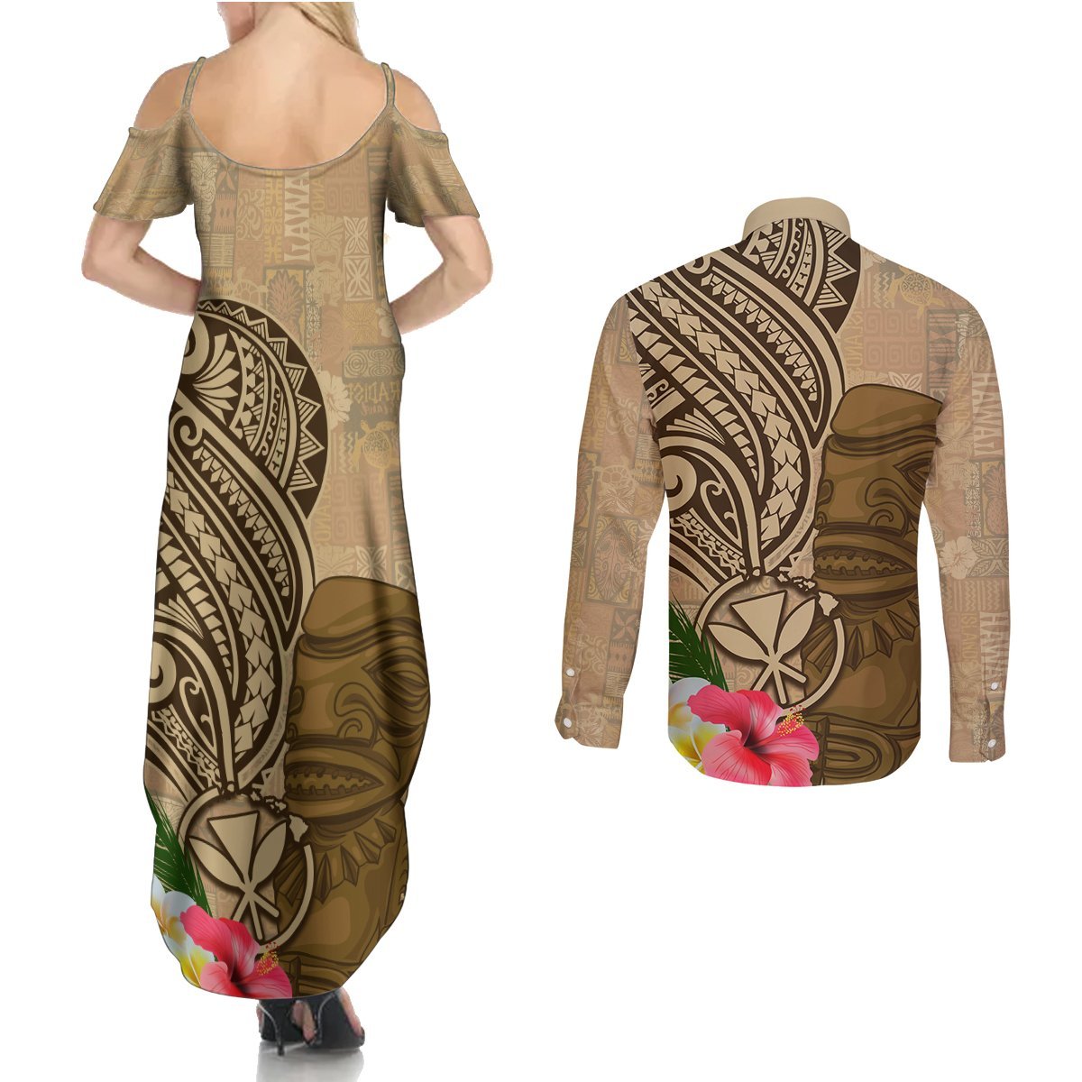 Hawaii Kanaloa Tiki Couples Matching Summer Maxi Dress and Long Sleeve Button Shirt Polynesian Tattoo and Tapa Pattern LT03 - Polynesian Pride