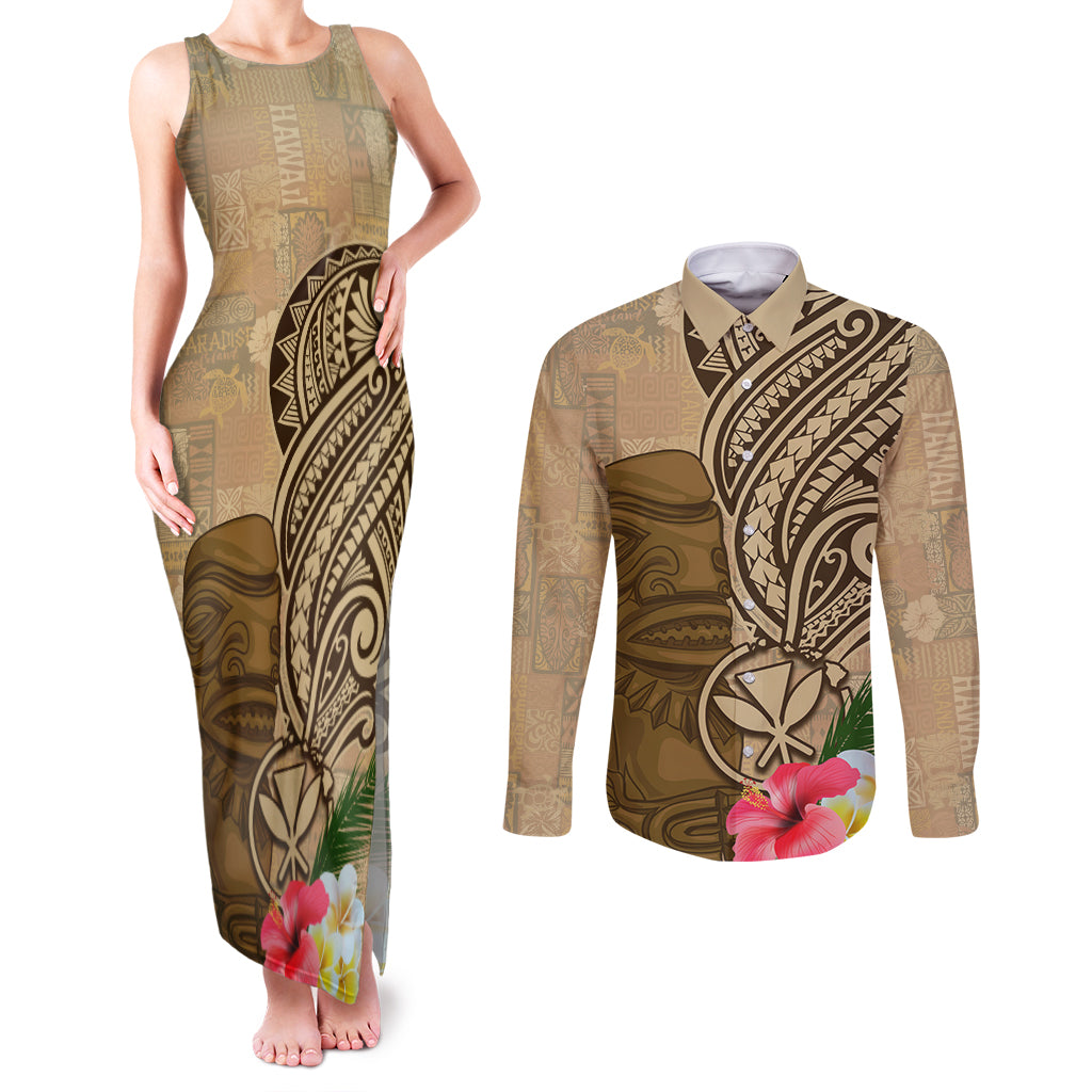 Hawaii Kanaloa Tiki Couples Matching Tank Maxi Dress and Long Sleeve Button Shirt Polynesian Tattoo and Tapa Pattern LT03 Beige - Polynesian Pride