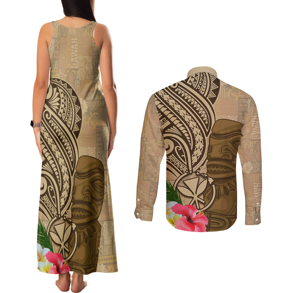 Hawaii Kanaloa Tiki Couples Matching Tank Maxi Dress and Long Sleeve Button Shirt Polynesian Tattoo and Tapa Pattern LT03 - Polynesian Pride