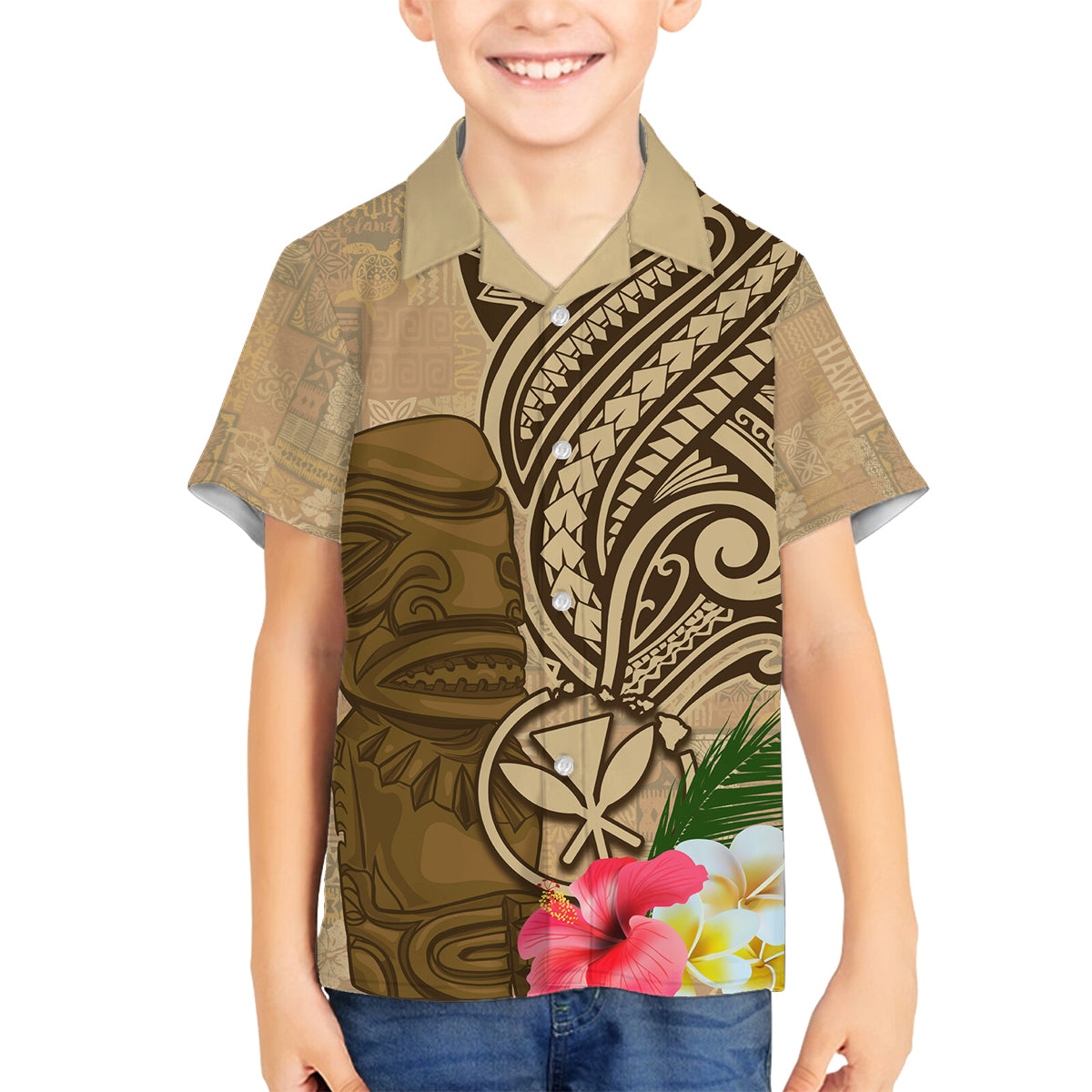 Hawaii Kanaloa Tiki Family Matching Puletasi and Hawaiian Shirt Polynesian Tattoo and Tapa Pattern LT03 Son's Shirt Beige - Polynesian Pride
