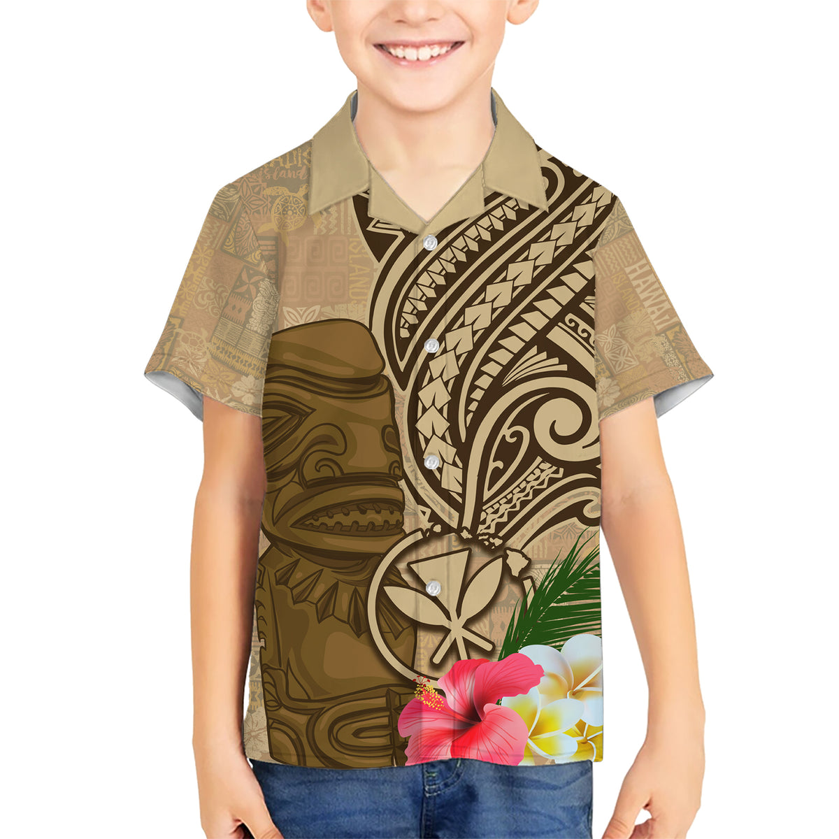 Hawaii Kanaloa Tiki Kid Hawaiian Shirt Polynesian Tattoo and Tapa Pattern