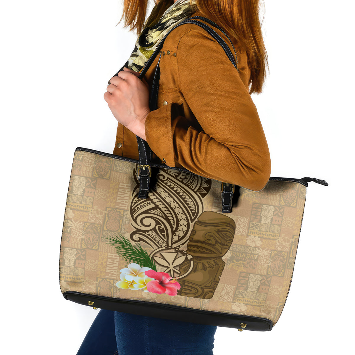 Hawaii Kanaloa Tiki Leather Tote Bag Polynesian Tattoo and Tapa Pattern