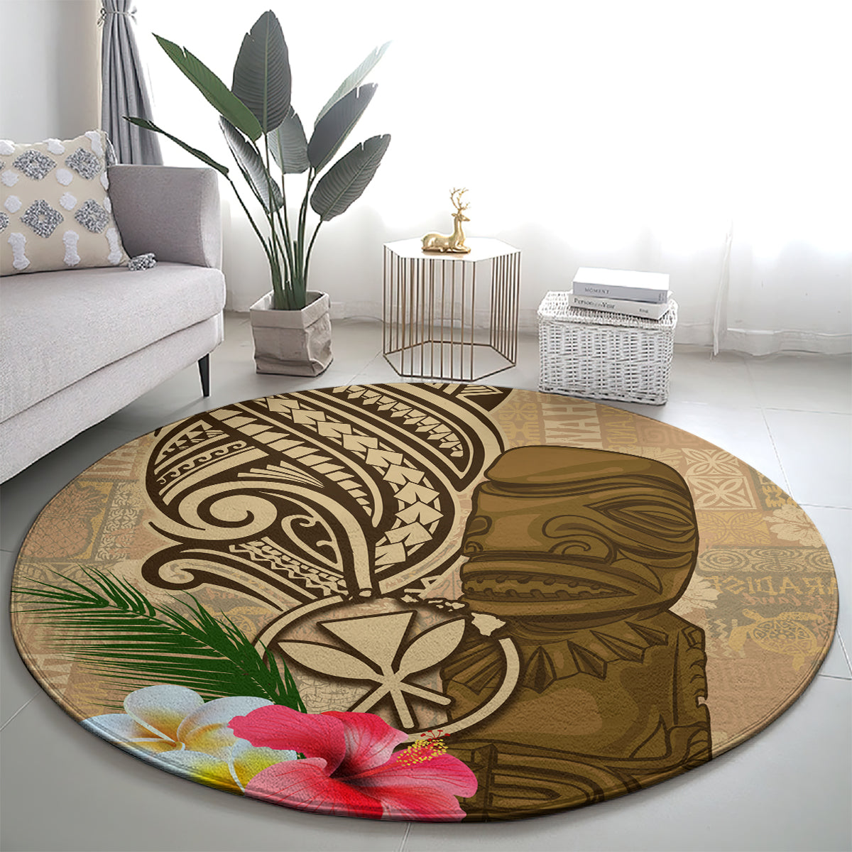 Hawaii Kanaloa Tiki Round Carpet Polynesian Tattoo and Tapa Pattern