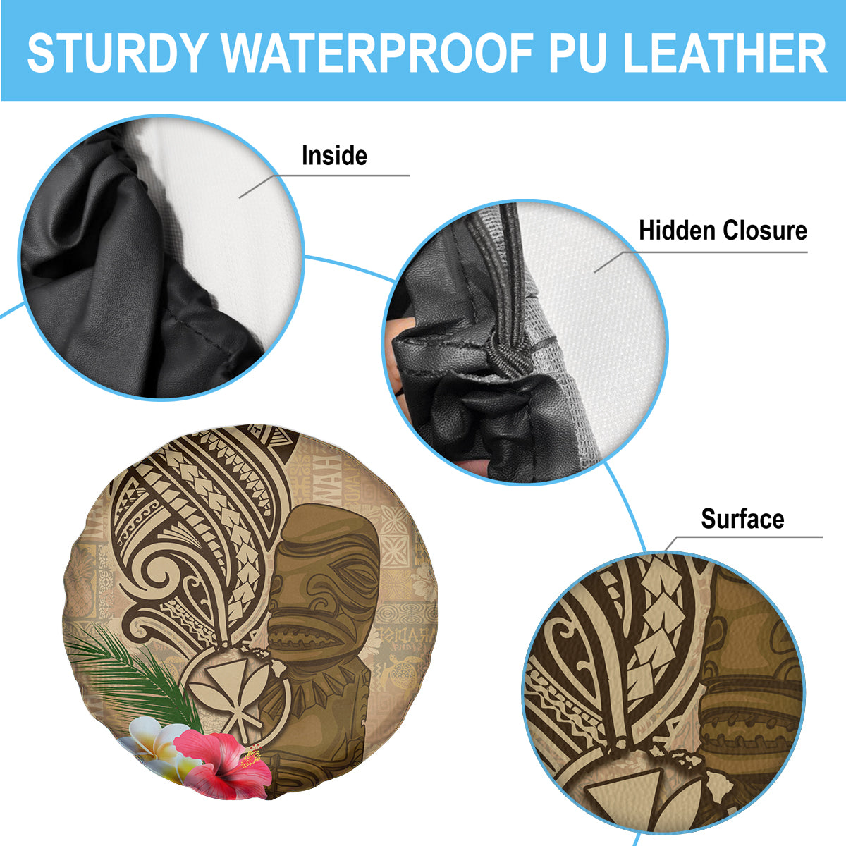 Hawaii Kanaloa Tiki Spare Tire Cover Polynesian Tattoo and Tapa Pattern