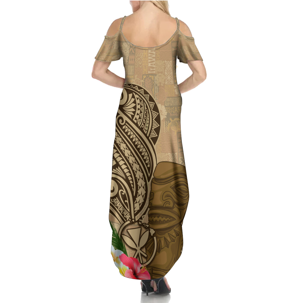 Hawaii Kanaloa Tiki Summer Maxi Dress Polynesian Tattoo and Tapa Pattern