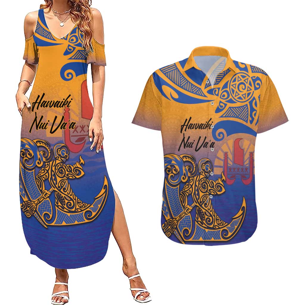 Hawaiki Nui Va'a Solo French Polynesia Couples Matching Summer Maxi Dress and Hawaiian Shirt Sunset Color