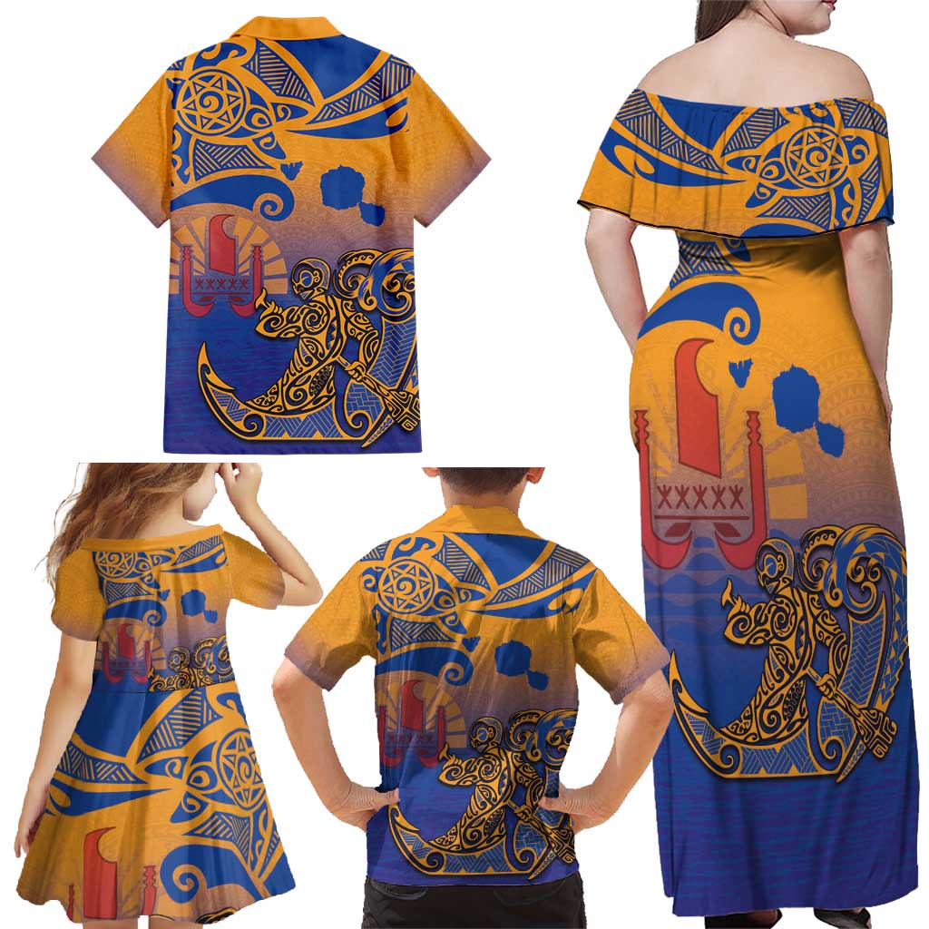 Hawaiki Nui Va'a Solo French Polynesia Family Matching Off Shoulder Maxi Dress and Hawaiian Shirt Sunset Color