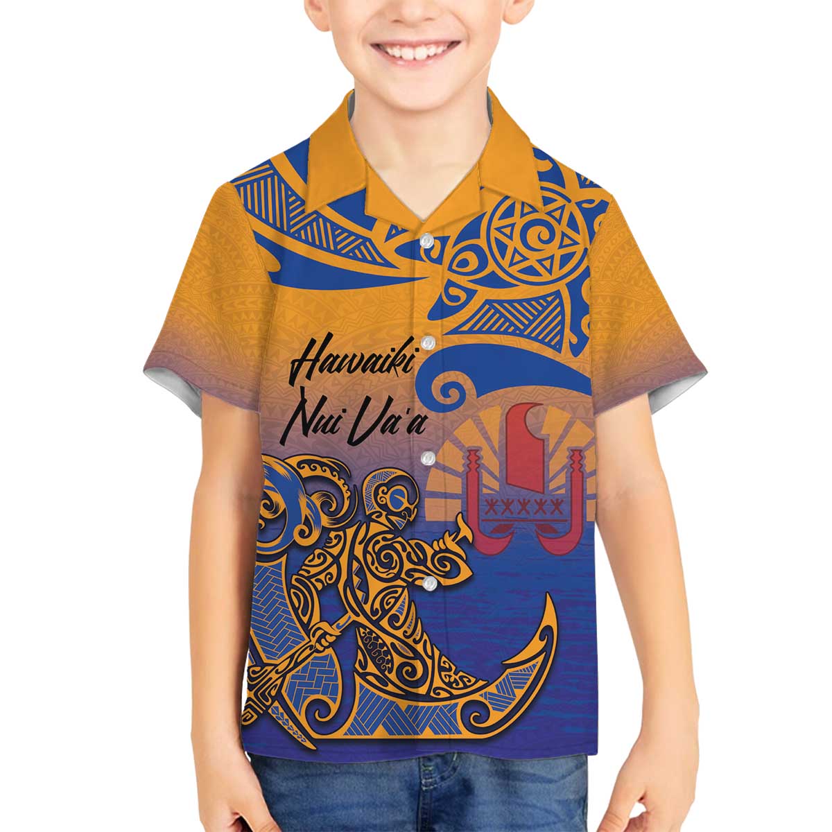 Hawaiki Nui Va'a Solo French Polynesia Family Matching Puletasi and Hawaiian Shirt Sunset Color LT03 Son's Shirt Yellow - Polynesian Pride