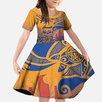 Hawaiki Nui Va'a Solo French Polynesia Family Matching Short Sleeve Bodycon Dress and Hawaiian Shirt Sunset Color LT03 Daughter's Dress Yellow - Polynesian Pride