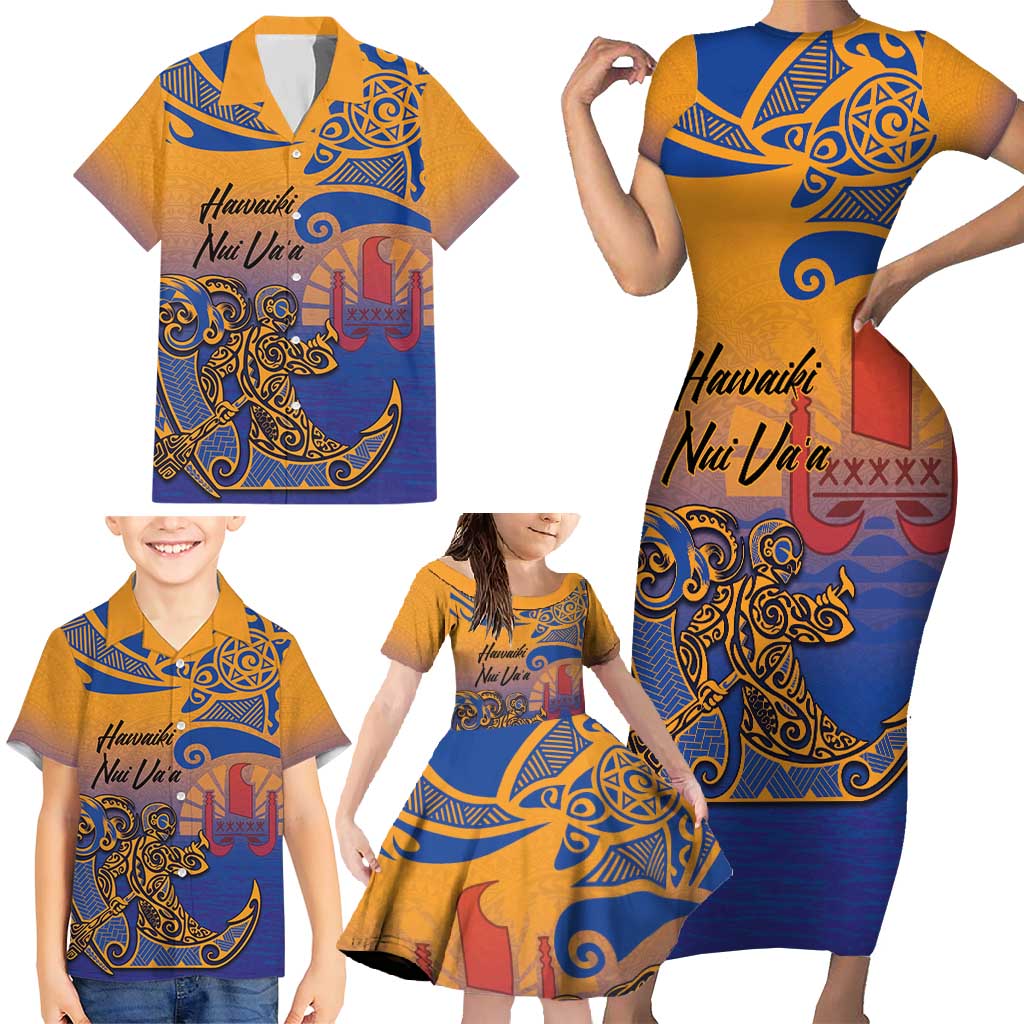 Hawaiki Nui Va'a Solo French Polynesia Family Matching Short Sleeve Bodycon Dress and Hawaiian Shirt Sunset Color LT03 - Polynesian Pride